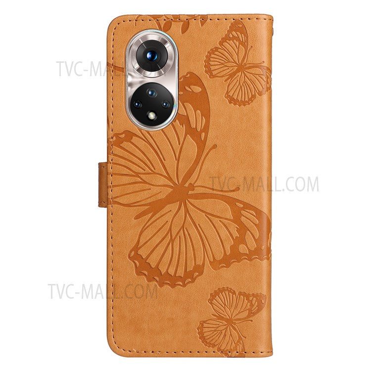 KT Imprinting Flower Series-2 PU Leather Magnetic Flip Wallet Case Stand Imprinted Butterfly Pattern Full Body Protective Cover with Strap for Honor 50 5G / Huawei nova 9 - Yellow