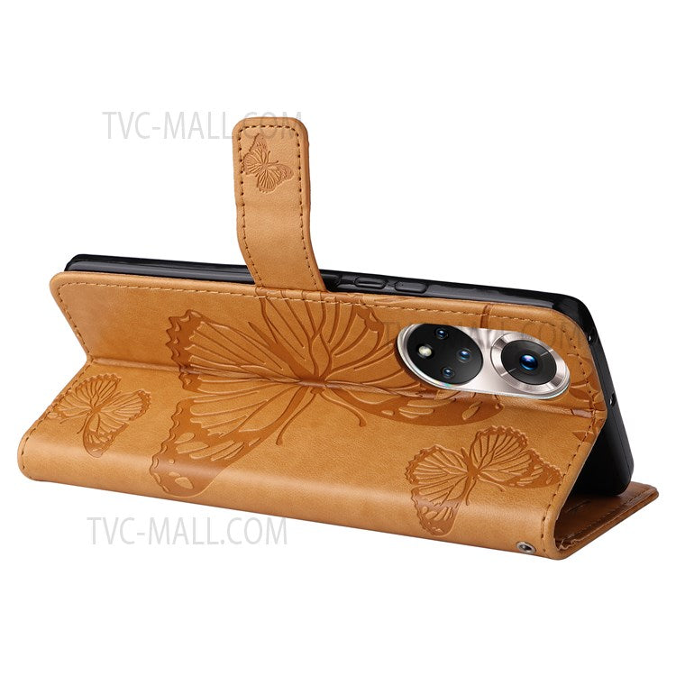 KT Imprinting Flower Series-2 PU Leather Magnetic Flip Wallet Case Stand Imprinted Butterfly Pattern Full Body Protective Cover with Strap for Honor 50 5G / Huawei nova 9 - Yellow