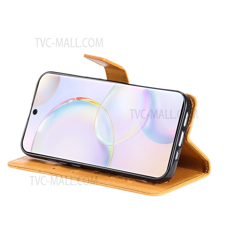 KT Imprinting Flower Series-2 PU Leather Magnetic Flip Wallet Case Stand Imprinted Butterfly Pattern Full Body Protective Cover with Strap for Honor 50 5G / Huawei nova 9 - Yellow