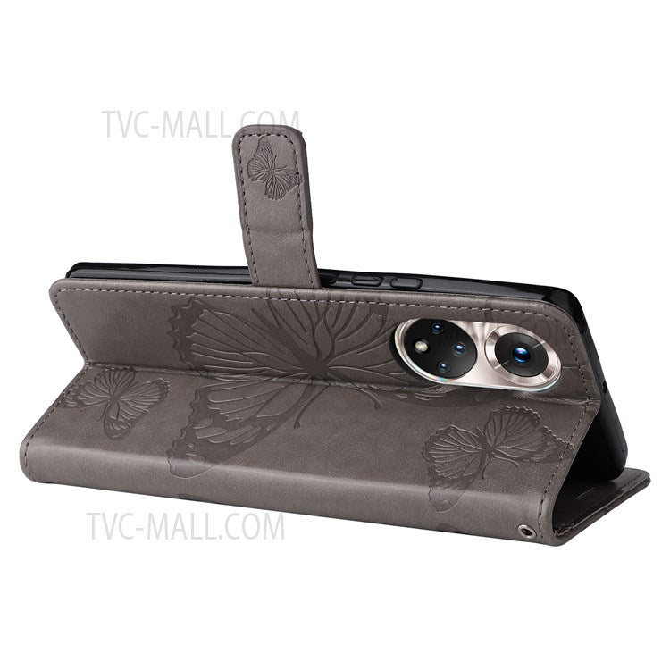 KT Imprinting Flower Series-2 PU Leather Magnetic Flip Wallet Case Stand Imprinted Butterfly Pattern Full Body Protective Cover with Strap for Honor 50 5G / Huawei nova 9 - Grey