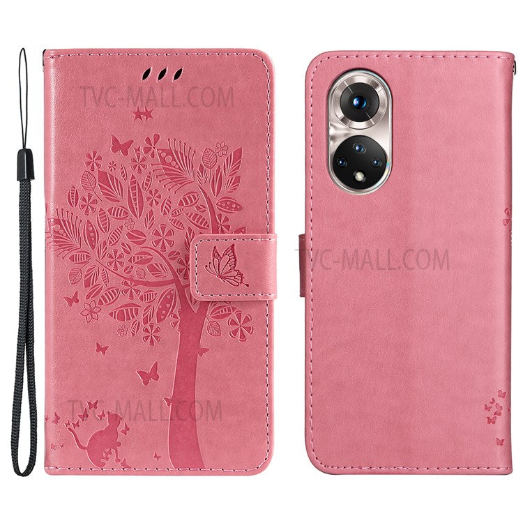 KT Imprinting Flower Series-3 Cat and Tree Pattern Imprinted Wallet Flip Cover PU Leather Stand Magnetic Clasp Shockproof Protection Case for Huawei nova 9 / Honor 50 - Pink