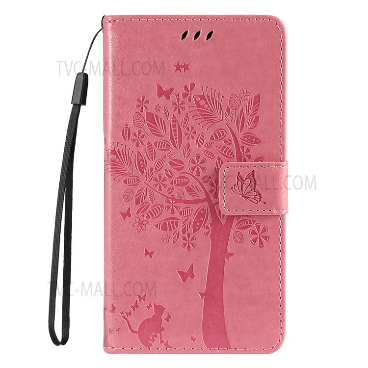 KT Imprinting Flower Series-3 Cat and Tree Pattern Imprinted Wallet Flip Cover PU Leather Stand Magnetic Clasp Shockproof Protection Case for Huawei nova 9 / Honor 50 - Pink