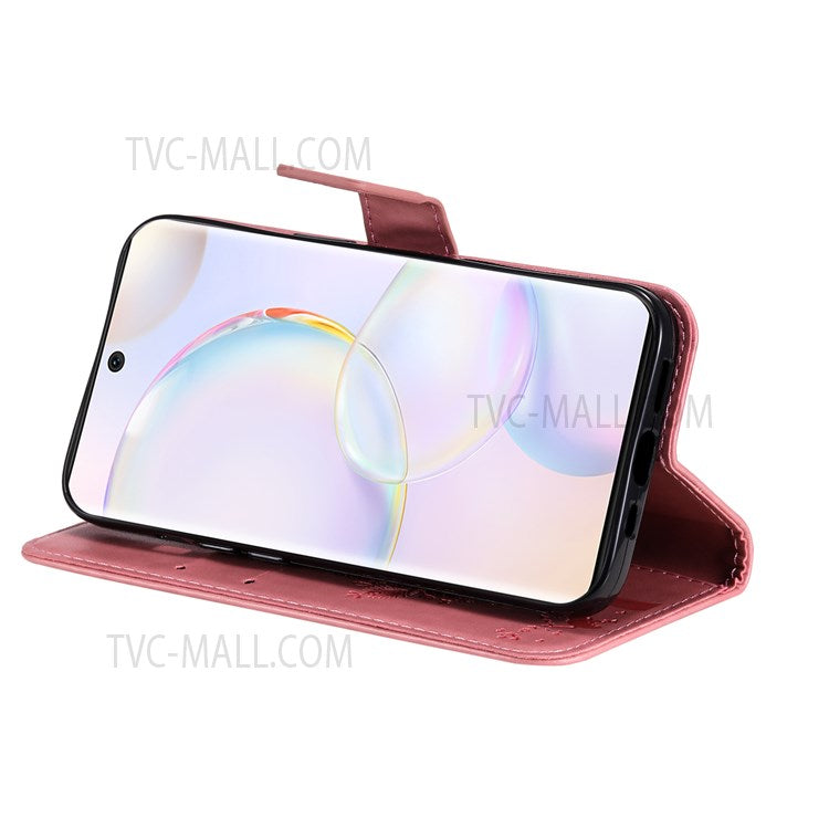 KT Imprinting Flower Series-3 Cat and Tree Pattern Imprinted Wallet Flip Cover PU Leather Stand Magnetic Clasp Shockproof Protection Case for Huawei nova 9 / Honor 50 - Pink