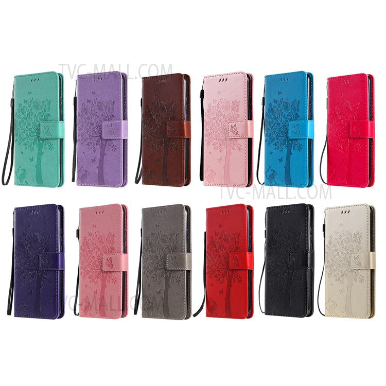 KT Imprinting Flower Series-3 Cat and Tree Pattern Imprinted Wallet Flip Cover PU Leather Stand Magnetic Clasp Shockproof Protection Case for Huawei nova 9 / Honor 50 - Pink