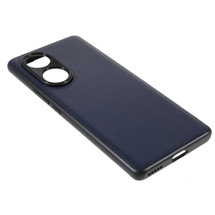 Drop-proof Precise Cutout Litchi Texture Case Genuine Leather Coated TPU + PC Phone Cover Shell for Honor 50/Huawei nova 9 - Blue