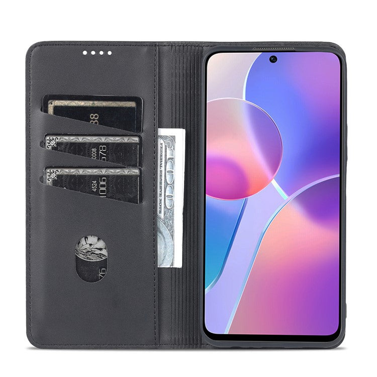AZNS Magnetic Auto-absorbed Wallet Stand Design PU Leather Shockproof Phone Cover Case for Honor X30i - Black