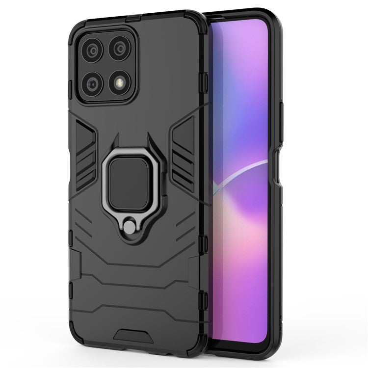 Fingerprint-proof Dual-layer Soft Flexible TPU and Hard PC Shockproof Protective Case with Ring Holder Kickstand for Honor X30i - Black