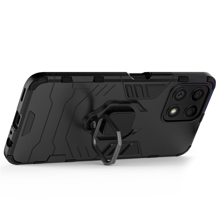 Fingerprint-proof Dual-layer Soft Flexible TPU and Hard PC Shockproof Protective Case with Ring Holder Kickstand for Honor X30i - Black