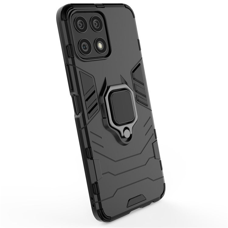 Fingerprint-proof Dual-layer Soft Flexible TPU and Hard PC Shockproof Protective Case with Ring Holder Kickstand for Honor X30i - Black