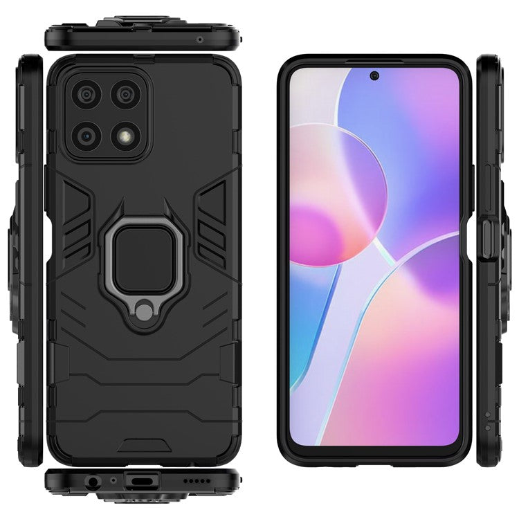Fingerprint-proof Dual-layer Soft Flexible TPU and Hard PC Shockproof Protective Case with Ring Holder Kickstand for Honor X30i - Black