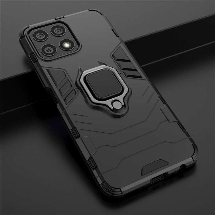 Fingerprint-proof Dual-layer Soft Flexible TPU and Hard PC Shockproof Protective Case with Ring Holder Kickstand for Honor X30i - Black