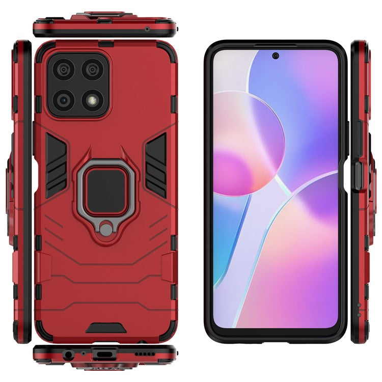Fingerprint-proof Dual-layer Soft Flexible TPU and Hard PC Shockproof Protective Case with Ring Holder Kickstand for Honor X30i - Red
