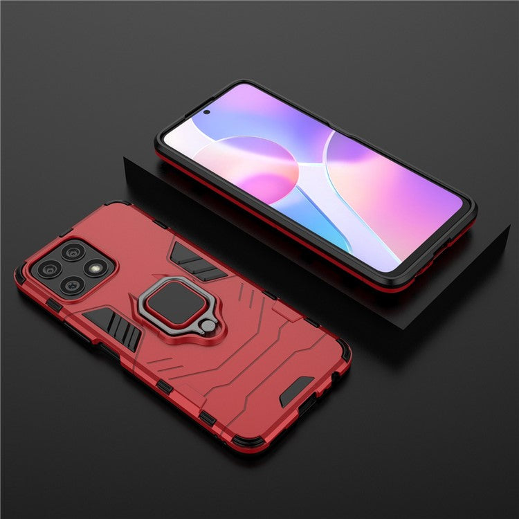 Fingerprint-proof Dual-layer Soft Flexible TPU and Hard PC Shockproof Protective Case with Ring Holder Kickstand for Honor X30i - Red