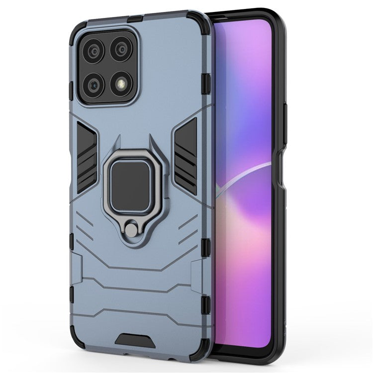 Fingerprint-proof Dual-layer Soft Flexible TPU and Hard PC Shockproof Protective Case with Ring Holder Kickstand for Honor X30i - Dark Blue