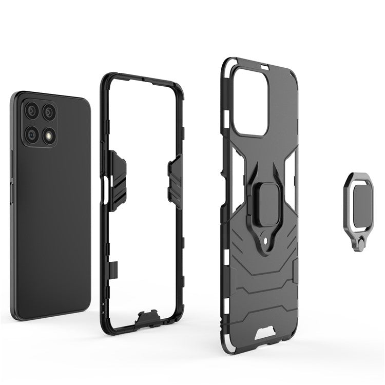 Fingerprint-proof Dual-layer Soft Flexible TPU and Hard PC Shockproof Protective Case with Ring Holder Kickstand for Honor X30i - Dark Blue