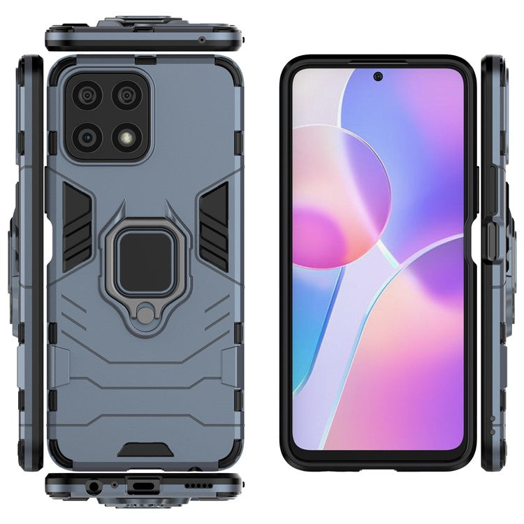 Fingerprint-proof Dual-layer Soft Flexible TPU and Hard PC Shockproof Protective Case with Ring Holder Kickstand for Honor X30i - Dark Blue