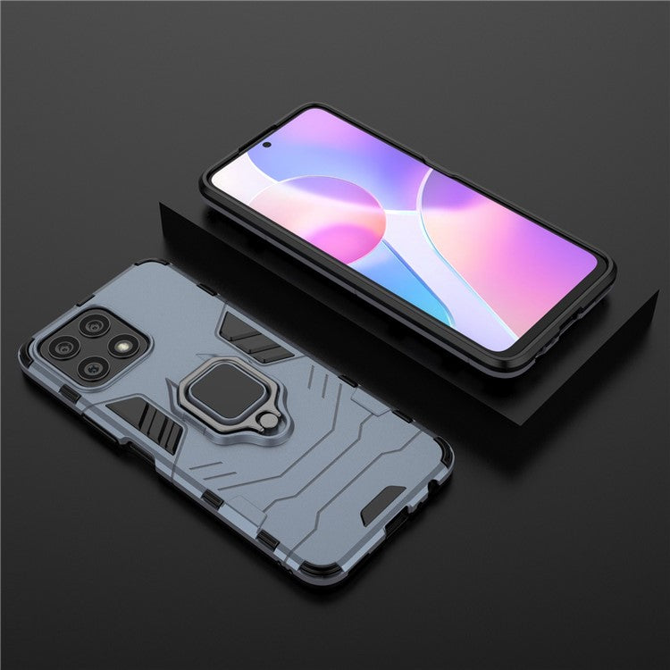 Fingerprint-proof Dual-layer Soft Flexible TPU and Hard PC Shockproof Protective Case with Ring Holder Kickstand for Honor X30i - Dark Blue