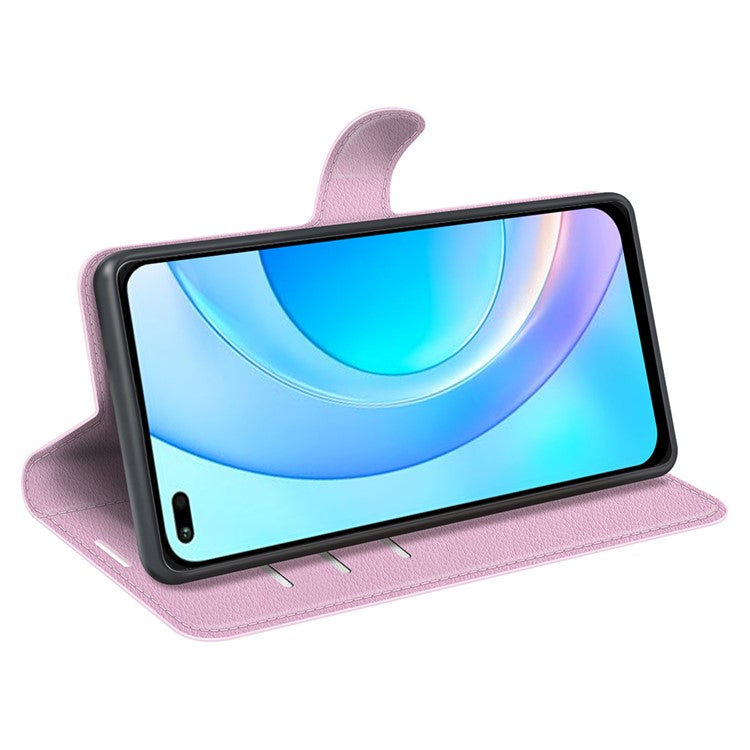 Shockproof PU Leather Coated TPU Mobile Phone Case Litchi Texture Stand Wallet Flip Protective Phone Cover for Huawei nova 8i/Honor 50 Lite - Pink