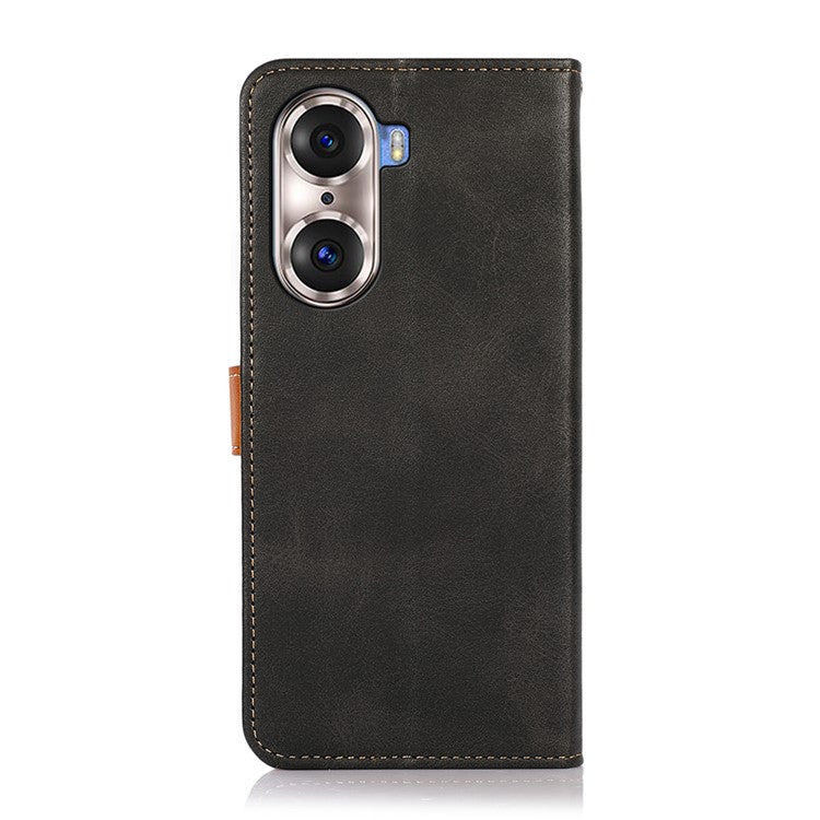 KHAZNEH Bi-color Stylish Anti-fall Magnetic Golden Clasp Stand PU Leather + TPU Case with Wallet for Honor 60 Pro - Black