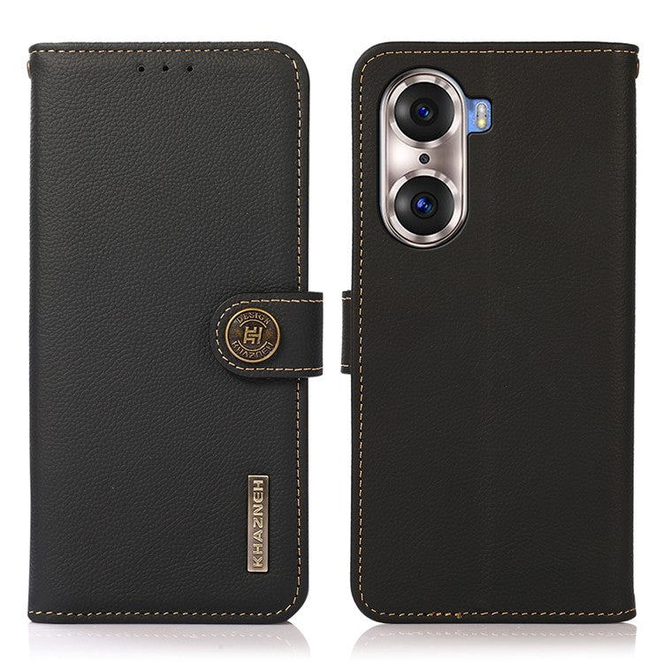 KHAZNEH Top Layer Genuine Leather Phone Case Stand RFID Blocking Wallet Magnetic Cover for Honor 60 Pro - Black