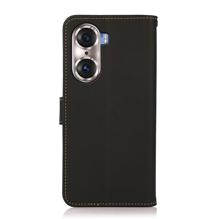 KHAZNEH Top Layer Genuine Leather Phone Case Stand RFID Blocking Wallet Magnetic Cover for Honor 60 Pro - Black