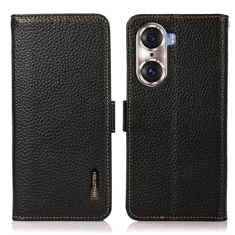 KHAZNEH Protective TPU Inner Shell Litchi Texture Genuine Leather RFID Blocking Wallet Stand Cover for Honor 60 Pro - Black