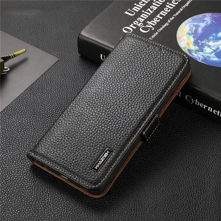 KHAZNEH Protective TPU Inner Shell Litchi Texture Genuine Leather RFID Blocking Wallet Stand Cover for Honor 60 Pro - Black