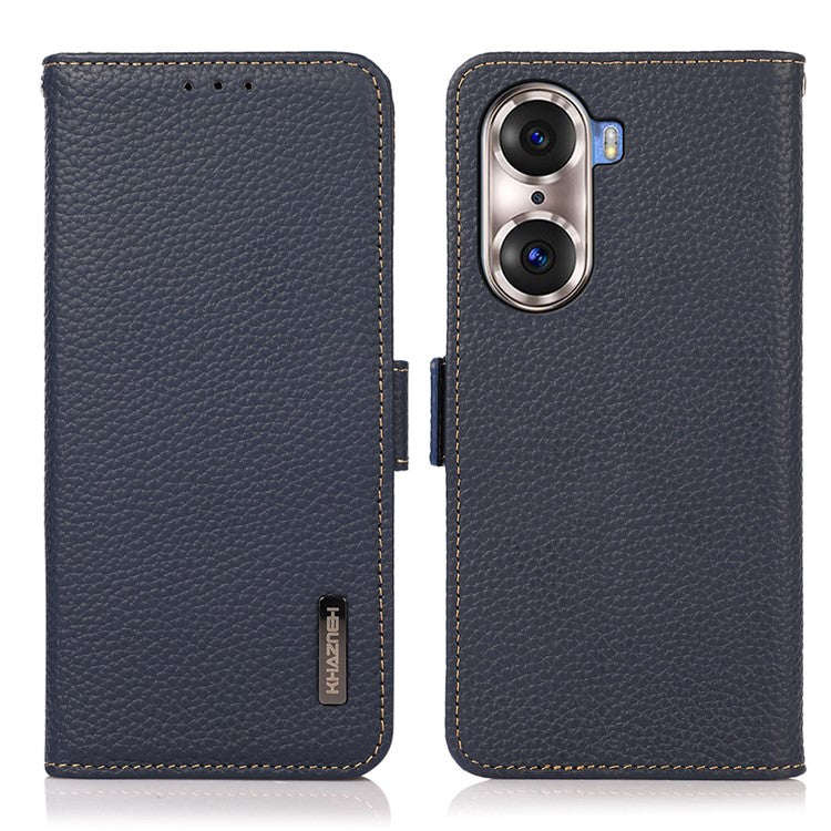 KHAZNEH Protective TPU Inner Shell Litchi Texture Genuine Leather RFID Blocking Wallet Stand Cover for Honor 60 Pro - Blue