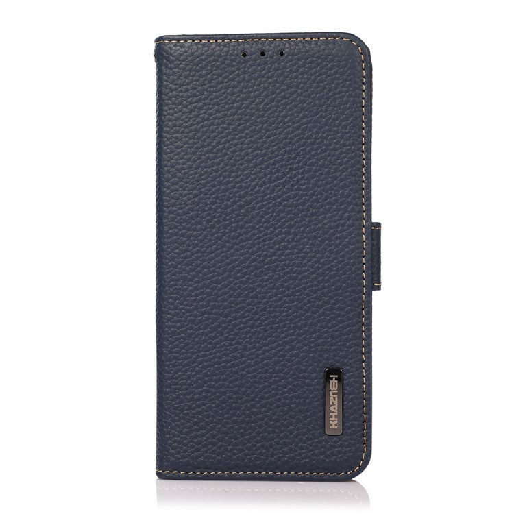 KHAZNEH Protective TPU Inner Shell Litchi Texture Genuine Leather RFID Blocking Wallet Stand Cover for Honor 60 Pro - Blue