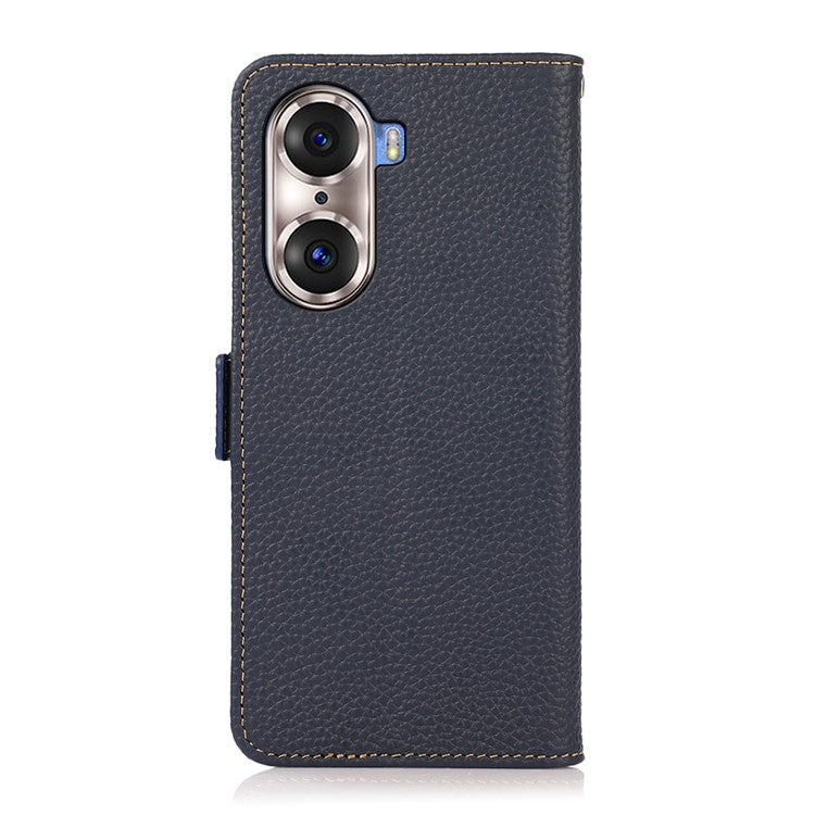 KHAZNEH Protective TPU Inner Shell Litchi Texture Genuine Leather RFID Blocking Wallet Stand Cover for Honor 60 Pro - Blue