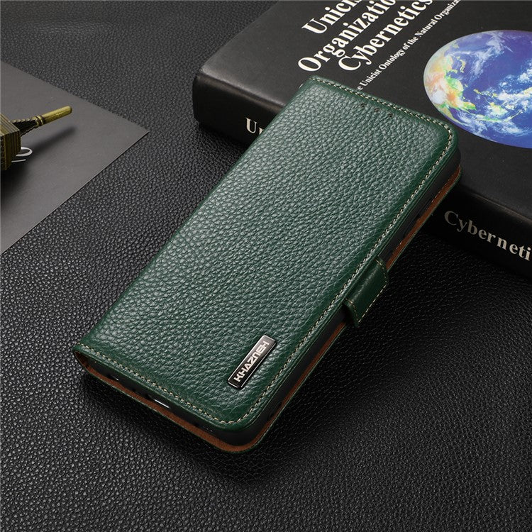 KHAZNEH Protective TPU Inner Shell Litchi Texture Genuine Leather RFID Blocking Wallet Stand Cover for Honor 60 Pro - Green