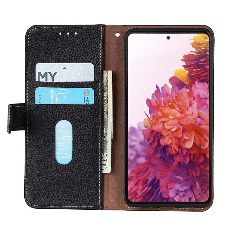 KHAZNEH Full Stylish Litchi Texture Wallet Case Genuine Leather Folio Flip Stand Cover for Honor 60 Pro - Black