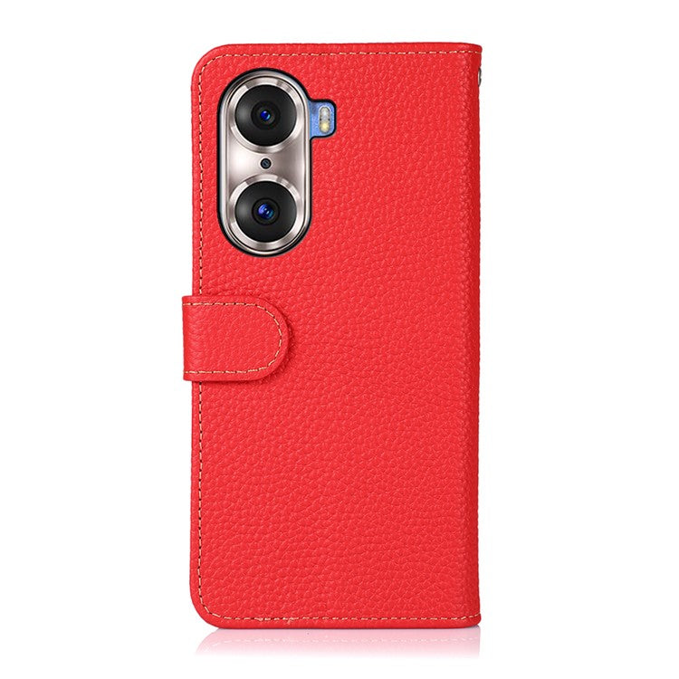KHAZNEH Full Stylish Litchi Texture Wallet Case Genuine Leather Folio Flip Stand Cover for Honor 60 Pro - Red