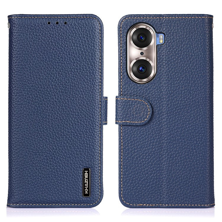 KHAZNEH Full Stylish Litchi Texture Wallet Case Genuine Leather Folio Flip Stand Cover for Honor 60 Pro - Blue