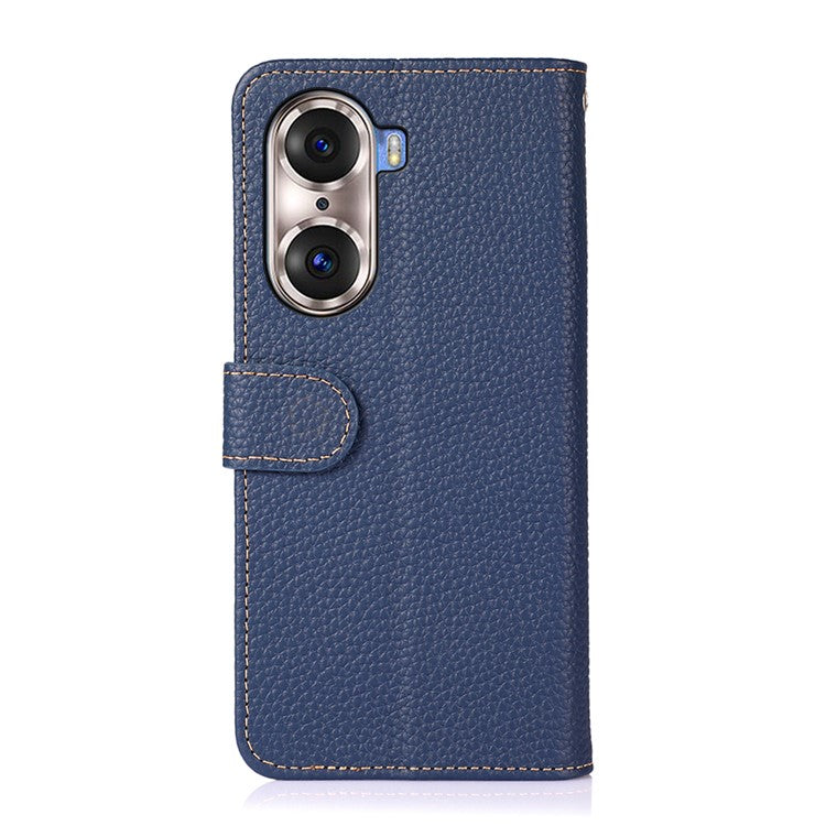 KHAZNEH Full Stylish Litchi Texture Wallet Case Genuine Leather Folio Flip Stand Cover for Honor 60 Pro - Blue