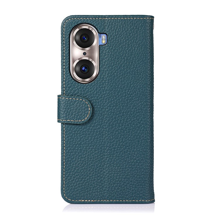 KHAZNEH Full Stylish Litchi Texture Wallet Case Genuine Leather Folio Flip Stand Cover for Honor 60 Pro - Green