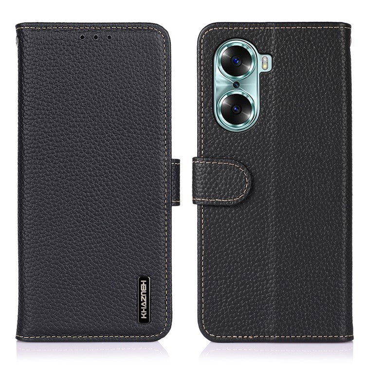 KHAZNEH Litchi Texture Genuine Leather Wallet Folio Flip Cover Magnetic Closure Stand Phone Case for Honor 60 - Black