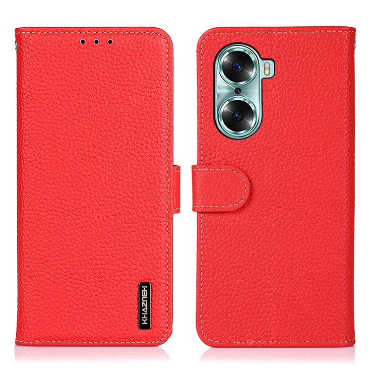 KHAZNEH Litchi Texture Genuine Leather Wallet Folio Flip Cover Magnetic Closure Stand Phone Case for Honor 60 - Red