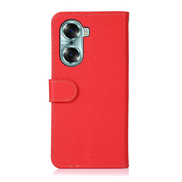 KHAZNEH Litchi Texture Genuine Leather Wallet Folio Flip Cover Magnetic Closure Stand Phone Case for Honor 60 - Red