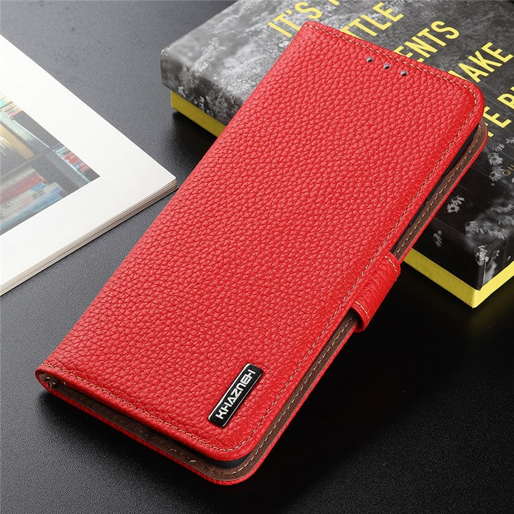 KHAZNEH Litchi Texture Genuine Leather Wallet Folio Flip Cover Magnetic Closure Stand Phone Case for Honor 60 - Red