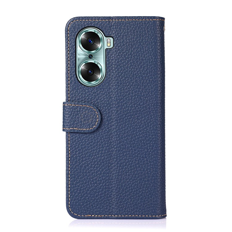 KHAZNEH Litchi Texture Genuine Leather Wallet Folio Flip Cover Magnetic Closure Stand Phone Case for Honor 60 - Blue