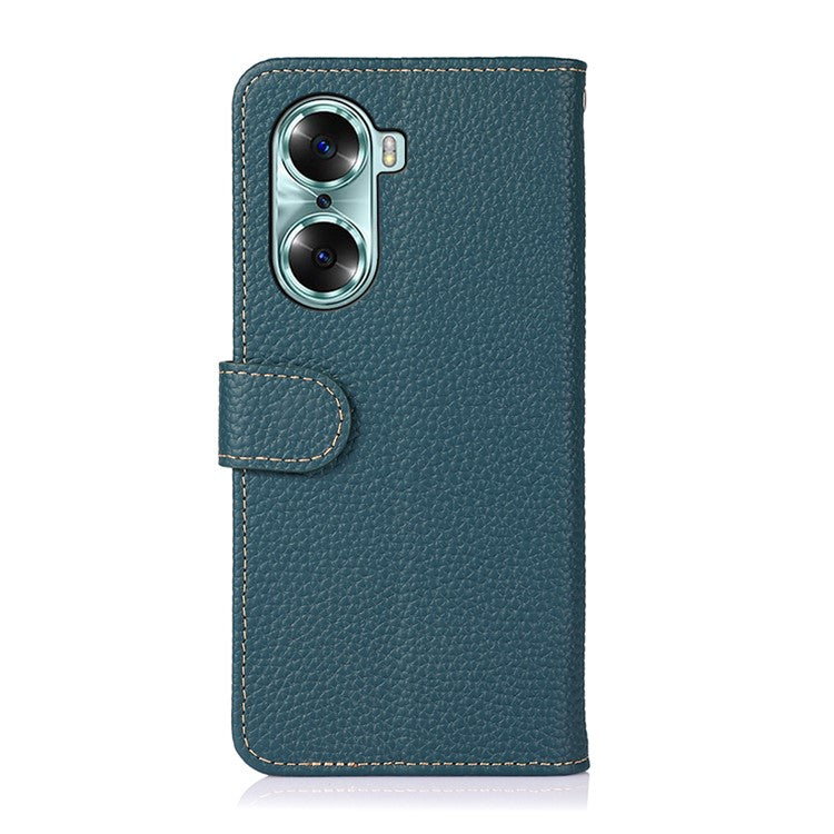 KHAZNEH Litchi Texture Genuine Leather Wallet Folio Flip Cover Magnetic Closure Stand Phone Case for Honor 60 - Green
