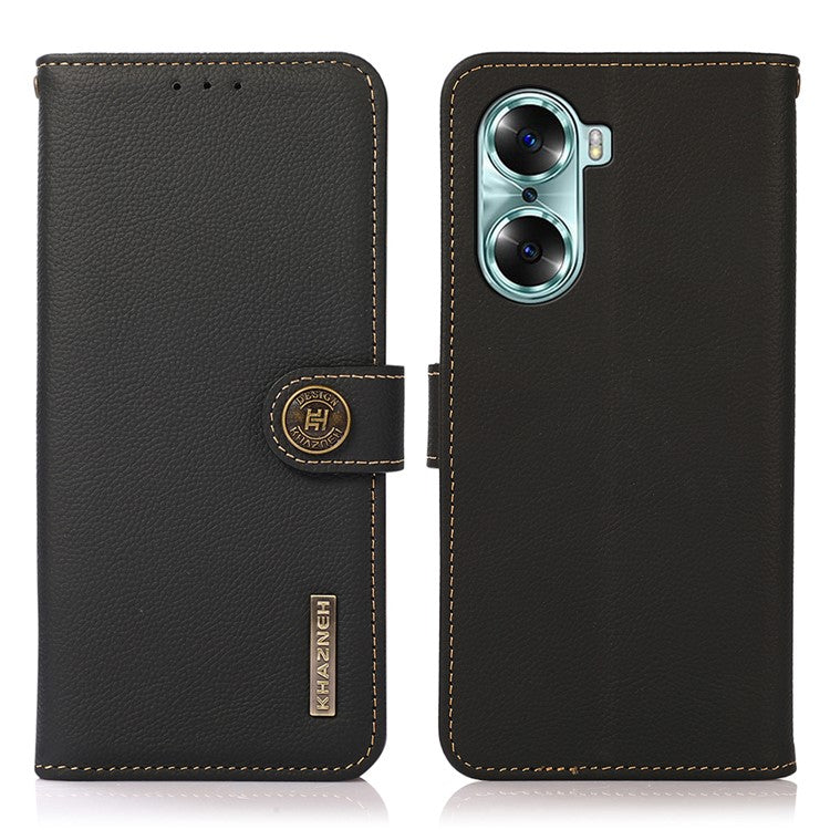 KHAZNEH Top Layer Genuine Leather Flip Wallet Case RFID Blocking Stand Shockproof TPU Inner Shell Phone Cover for Honor 60 - Black