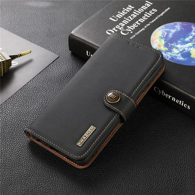 KHAZNEH Top Layer Genuine Leather Flip Wallet Case RFID Blocking Stand Shockproof TPU Inner Shell Phone Cover for Honor 60 - Black