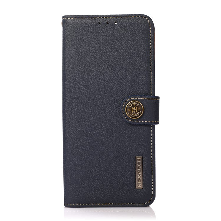KHAZNEH Top Layer Genuine Leather Flip Wallet Case RFID Blocking Stand Shockproof TPU Inner Shell Phone Cover for Honor 60 - Blue