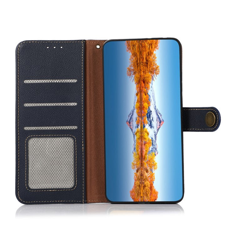 KHAZNEH Top Layer Genuine Leather Flip Wallet Case RFID Blocking Stand Shockproof TPU Inner Shell Phone Cover for Honor 60 - Blue