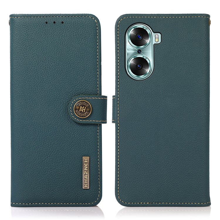 KHAZNEH Top Layer Genuine Leather Flip Wallet Case RFID Blocking Stand Shockproof TPU Inner Shell Phone Cover for Honor 60 - Green