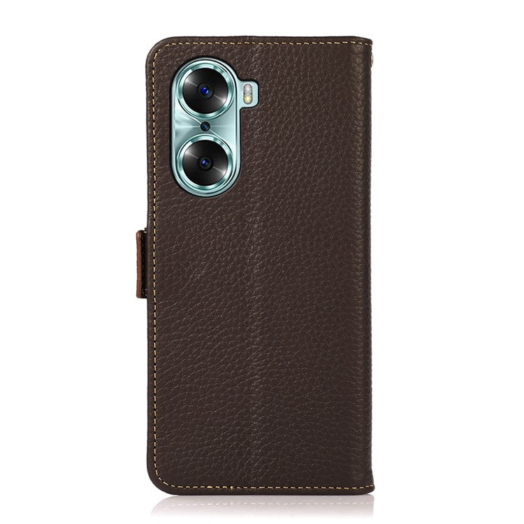 KHAZNEH RFID Blocking Flip Folio Wallet Case Stand Litchi Texture Top Layer Genuine Leather Phone Cover for Honor 60 - Brown