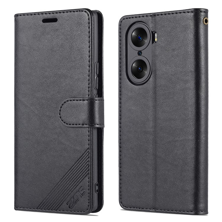 AZNS Stylish Textured PU Leather Stand Wallet Case Magnetic Clasp Shock-absorption Cover for Honor 60 - Black