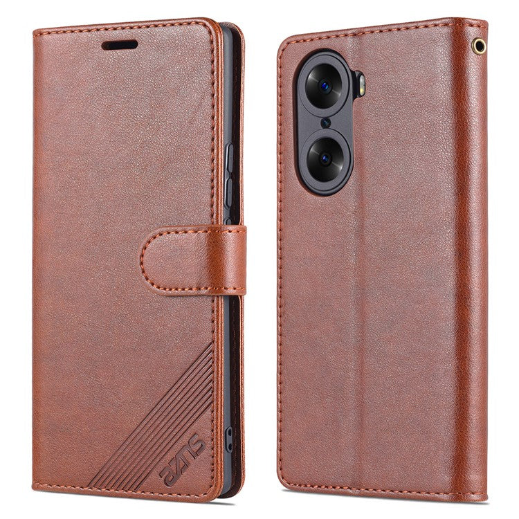 AZNS Stylish Textured PU Leather Stand Wallet Case Magnetic Clasp Shock-absorption Cover for Honor 60 - Brown